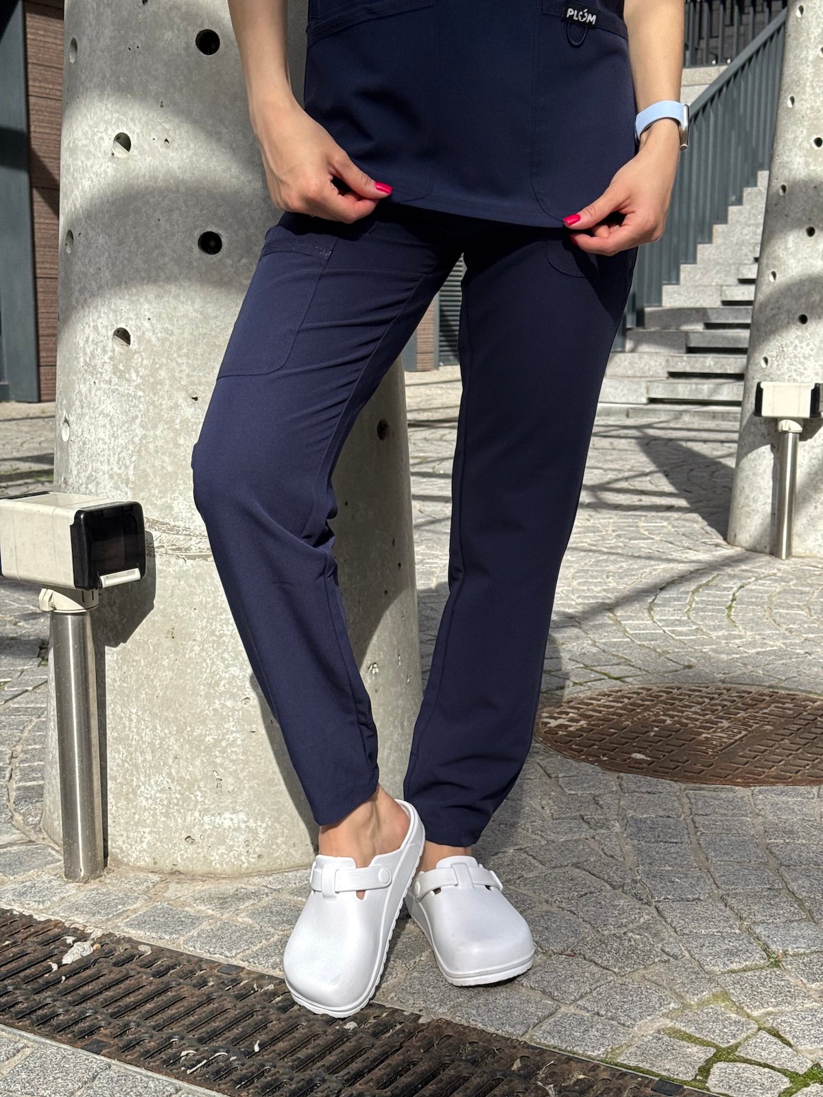 Women Navy Jogger Pants front with white clogs